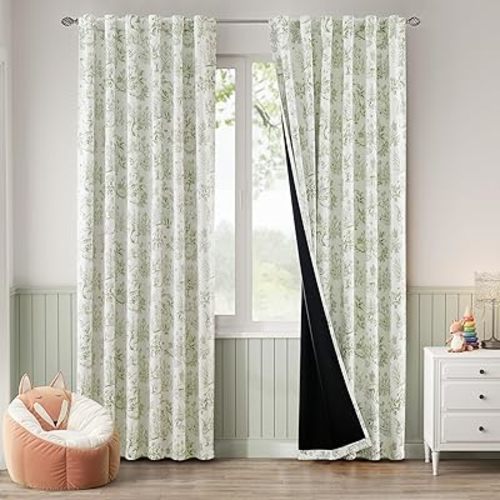 jinchan 100% Blackout Nursery Curtains 84 Inches Long, Bunny Woodland Toile Curtain Sage Green Animal Printed Drapes for Bedroom Rod Pocket Thermal Insulated Farmhouse Window Drape 2 Panels