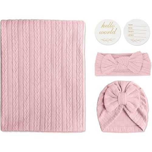 Baby Blankets,5PCS Security Blanket for Babies - Swaddle Adjustable Wearable Blanket, 5pcs Newborn Accessories Set with Hello World Wooden Birth Announcement Card, Baby Blankets for Girls&Boys (Pink)