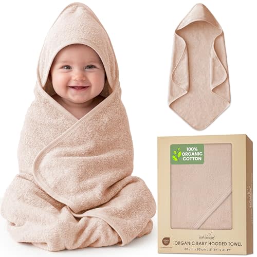 100% Organic Cotton Plush Woven Hooded Baby Bath Towels - Soft and Absorbent 31x31 Inches for Newborns and Kids, Baby Bath & Hooded Towels, Premium Infant Towels (Sand)