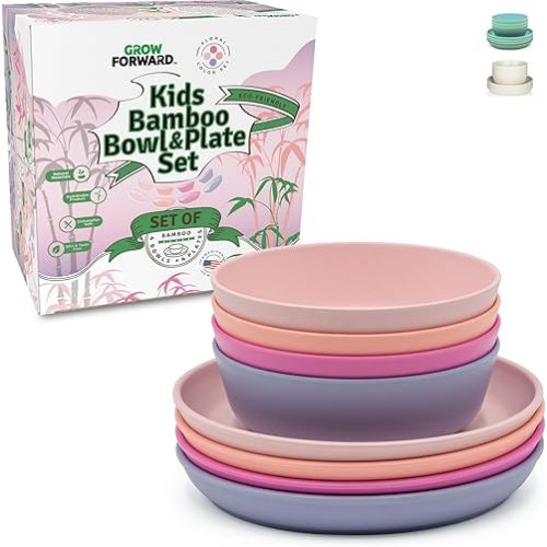 Grow Forward Bamboo Kids Plates and Bowls Set - 100% PLASTIC FREE nontoxic 4 Bamboo Plates for Kids and 4 Bamboo Bowls for Kids - BPA Free & Dishwasher Safe - Eco Friendly Reusable and Biodegradable Childrens Dishes - Floral
