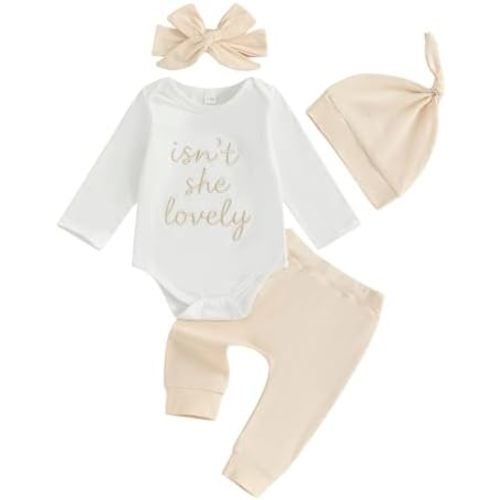 Gueuusu Newborn Girl Coming Home Outfit Isn't She Lovely Baby Romper Long Pants Hat Headband Cute Fall Clothes 0 3 6 12 18M
