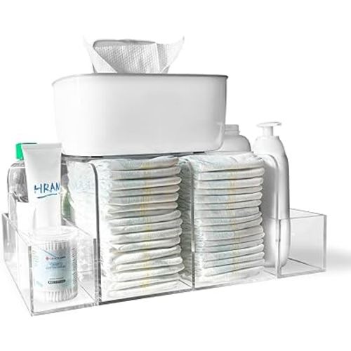 Diaper Caddy, Baby Changing Table Organizer, Detachable Clear Acrylic Diaper Storage for Wipe Dispenser, Wipe Warmer and other Diapering Essentials