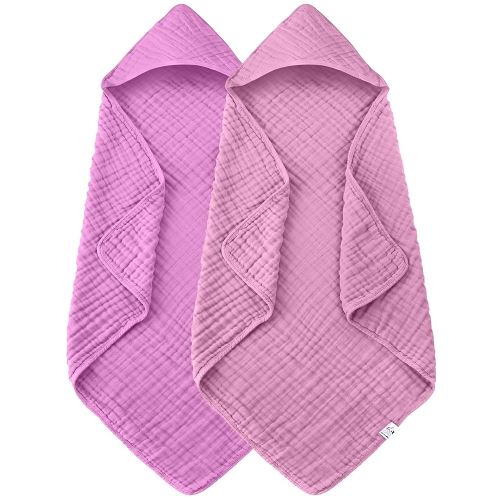 2 Pack Hooded Baby Towels - 100% Muslin Cotton for Newborns, Infants, Toddlers - Large 32x32 Inch Size - Highly Absorbent and Essential for Newborn Care, Deep Sakura