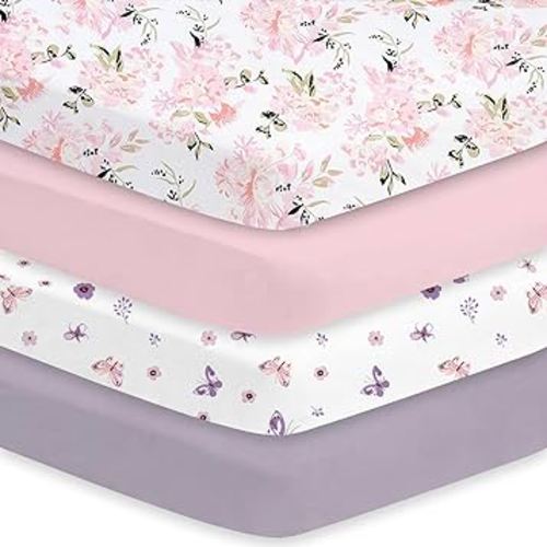 Little Grape Land Crib Sheets Girl 4 Pack, Baby Crib Sheets for Standard Crib & Toddler Mattress, Super Soft Breathable Crib Sheet Set for Girls, Floral & Butterfly