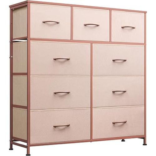 WLIVE 9-Drawer Dresser, Fabric Storage Tower for Bedroom, Hallway, Entryway, Closet, Tall Chest Organizer Unit with Fabric Bins, Steel Frame, Wood Top, Easy Pull Handle, Pink