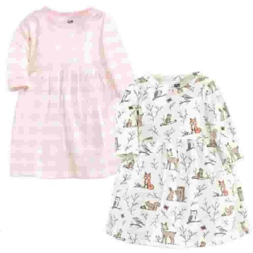 Hudson Baby Infant and Toddler Girl Cotton Long-Sleeve Dresses 2pk, Enchanted Forest, 3-6 Months