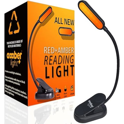 Amber Reading Light + Red Light. Giftable Blue Light Blocking Book Light For Reading in Bed