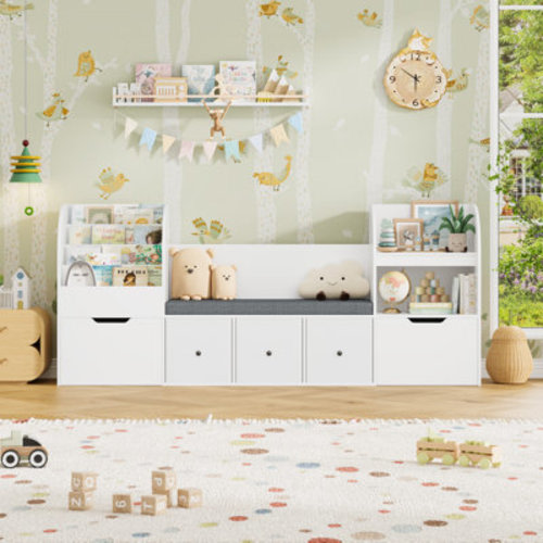 Latitude Run® 71.1"W Wood Kids Bookcase With 5 Drawers, Seat Cushion, Reading Nook & Toy Organizers & Reviews | Wayfair