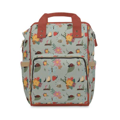 Gardeners Baby Changing Bag - Diaper Change Backpack - Diaper Rucksack - Grey & Red Nappy Bag with cute insects and bugs in the garden.