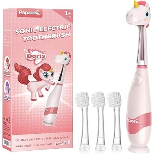 Papablic Toddler Sonic Electric Toothbrush Kids for Ages 1-3 Years, Baby Electric Toothbrush with Cute Unicorn Cover and Smart LED Timer, 4 Brush Heads (Doris)