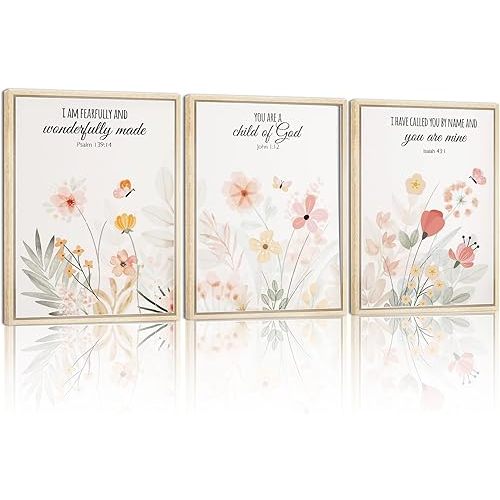 Set Of 3 Framed Floral Nursery Wall Art Christian Artwork Inspirational Bible Verse Canvas Prints Vintage Wildflower Nursery Pictures For Girls Room Living Room Bedroom