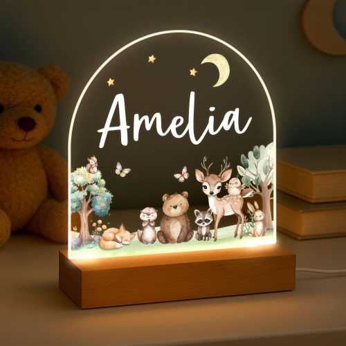 Personalised LED Animal Lamp, Kids Night Light Gift, Woodland Animals Light, Birthday Gifts for Kids, Kids Bedroom Nursery Table Light