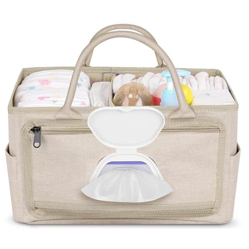 Volnamal Diaper Caddy with Wipe Dispenser One-Handed Access, Premium Diaper Organizer, Portable Car Organizer Nursery Basket for Newborn Essentials, Baby Registry Must Haves for Boys & Girls, Beige