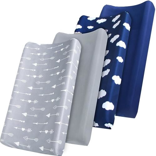 Changing Pad Cover, Diaper Changing Pad Covers 4 Pack, Fitted Baby Changing Table Sheets for 32''×16'' Change Table Pad, Cradle & Bassinet Sheets for Boys & Girls, Soft & Breathable - Navy/Grey/Cloud/Arrow