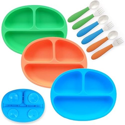 Elk and Friends Silicone Suction Plate for Babies/Toddlers + Stainless Steel Silverware Feeding Set | Divided Plate | Suction Design | Forks + Spoons Included | 3 Pack