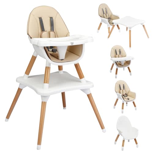BABY JOY 5 in 1 High Chair, Convertible High Chairs for Babies and Toddlers/Booster Seat/Table and Chair Set, Infant Wooden Highchair w/ 5-Point Harness, 4-Position Removable Tray & PU Cushion (Khaki)