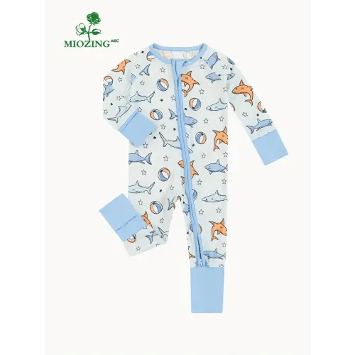 Baby Boys Bamboo Fiber Baby Romper, Blue Cartoon Shark & Ball Print, Long Sleeve Zippered Onesie, Cute *