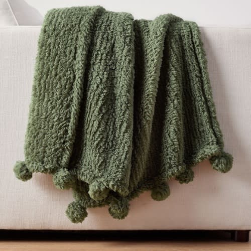 Pottery Barn Sherpa Green Pom-Pom Throw Blanket