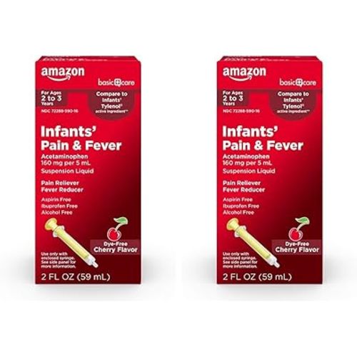 Amazon Basic Care Infants' Pain & Fever, Acetaminophen 160 mg per 5 mL, Suspension Liquid, Dye-Free Cherry Flavor, 2 fl oz (Pack of 2)