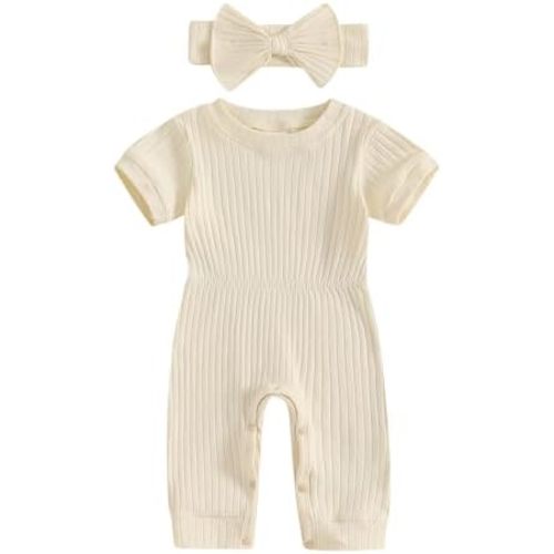Winioder Newborn Baby Girl Summer Clothes Solid Color Ribbed Short Sleeve Romper Jumpsuit with Headband Coming Home Outfit