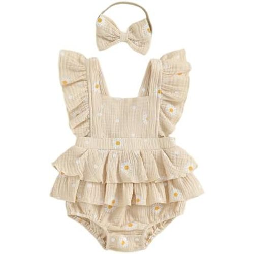 MERSARIPHY Newborn Baby Girl Summer Outfit Linen Ruffle Bubble Romper Dress One Piece Bodysuit Jumpsuit Infant Summer Clothes