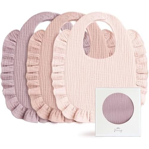 Konssy Muslin Baby Bibs for Girls – Soft 100% Cotton Drool Bibs, Ruffle Trim for Newborns & Toddlers 0-36 Months 3-Pack