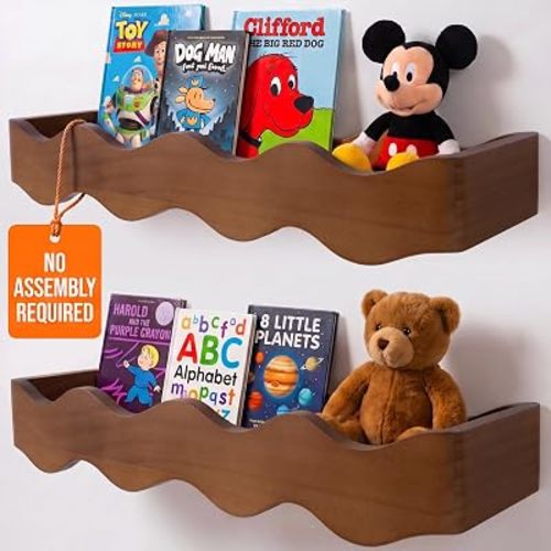 Ovalo Nursery Book Shelves Set of 2 - Solid Pine Wood Nursery Bookshelf, Floating Nursery Shelves for Wall, Wall Bookshelf for Kids Room, No-Assembly Wall Mounted Baby Book Shelf. (Walnut Brown)