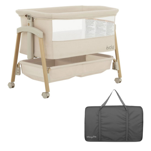 Evolur Lullaby Bedside Bassinet with Wheels, Seven Adjustable Heights, Breathable Mesh Sides Baby Bassinet, Large Storage Basket, Easy to Fold and Carry Travel Bassinet - Travel Bag Included