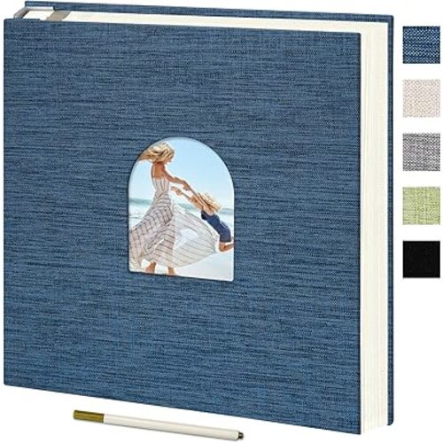 Vienrose 9.84x9.06 Inch Self-Adhesive Photo Album Linen Cover Arch Window Scrapbook Album 60 Pages Blank Inner Page Memory Book with A Metallic Pen, Blue