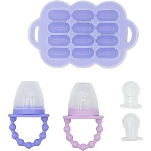 WeeSprout Silicone Baby Food Feeders + Freezer Tray for Batch Prep, Set of 2, Introduce New Foods Safely, Double as Teething Toys, Includes 2 Extra Pouches & Travel Lids, Dishwasher Safe