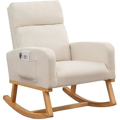 Rocking Chair Nursery, Upholstered Fabric Glider Rocking Nursing Chair with Extended Wood Legs & Side Pocket, Comfy Nursery Chair for Living Room, Bedroom, Beige
