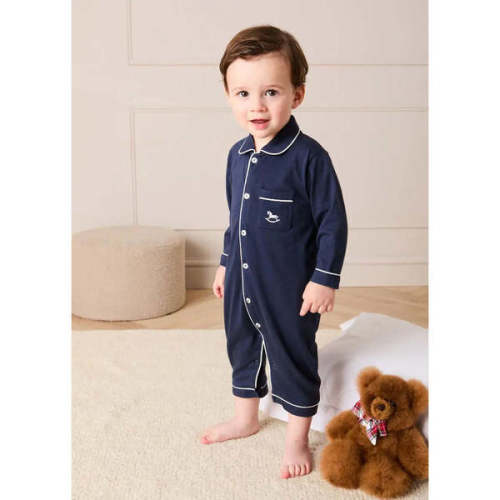Rocking Horse Embroidered Pima Cotton Footie Pajamas, Navy - Pepa London | Maisonette