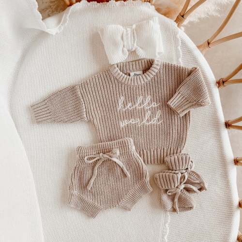 Hello World' Sweater/Shorties/Topknot Bundle - Fawn PRE ORDER EST DISPATCH LATE JAN