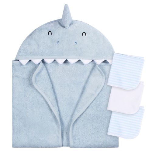 Gerber Baby Blue Shark Hooded Bath Towel & Washcloths, One Size Fits Most, 4-Piece Set