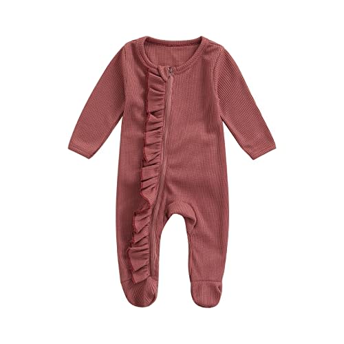 Ayalinggo Newborn Baby Girl Footie Waffle Knit Romper Zippers Ruffle Onesie Fall Winter Clothes
