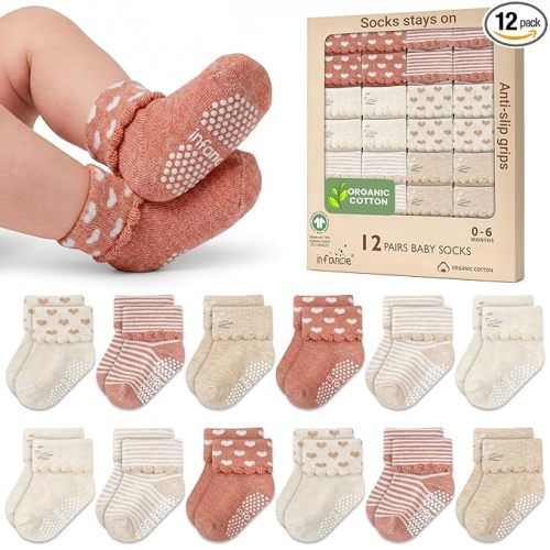 GOTS Certified Organic Cotton Infant Baby Socks 12 Pair For 0-6 (M) Baby Boy Soft, Stretchable & Comfortable Infant Socks, Premium Boys Cotton Socks, Gift for Newborn Boys, Peach & Beige