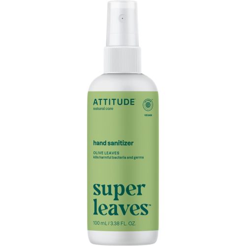 ATTITUDE Hand Sanitizer Spray for Adults and Kids, EWG Verified, Kills Bacteria and Germs, Vegan, Olive Leaves, 3.38 Fl Oz (Spray Bottle)