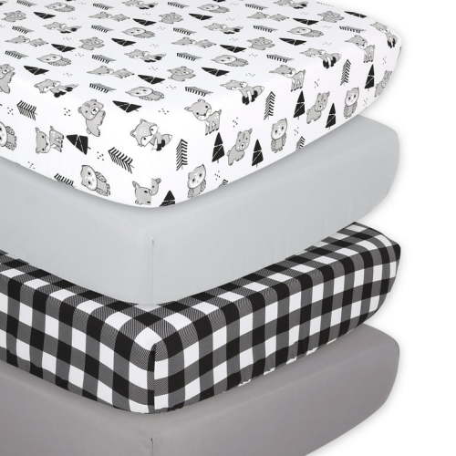 Peanutshell Baby Fitted Crib Sheet, 4 Pack Set, Grey Woodland Plaid for Boys or Girls