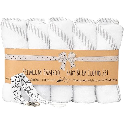 Ultra Soft Burp Cloths Unisex 5 Pack w/Pacifier Clip - Comfortable Fabric - Extra Absorbent Burping Bib for Spit-Ups and Spills - 19 x 9” Baby Burp Cloths White