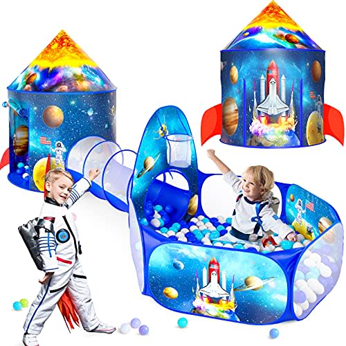 GeerWest 3PC Ball Pits for Toddlers with Kids Play Tent and Kids Tunnel for Boys & Girls, Baby Pop Up Playhouse Toy for Indoor/Outdoor Games, Astronaut Ships Birthday Gifts for Years Old