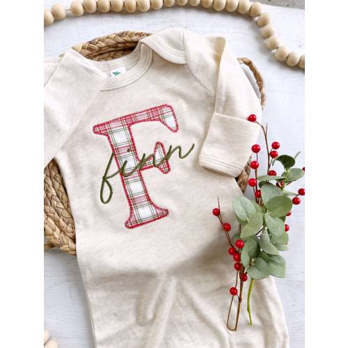 Personalized Christmas baby gown and hat set, Christmas plaid, custom coming home outfit, romper with footies, boy Christmas outfit