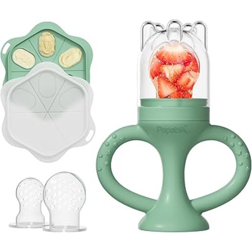 Papablic Easyhold Baby Fruit Food Feeder, Teething Relief Pacifier & Frozen Teether, BPA-Free Silicone Breastmilk Popsicle Molds, Summer Travel Essentials for Infants 4-12 Months