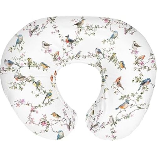 Watercolor Cute Birds Baby Nursing Pillow Covers for Boy Girl Spring Garden Bird Floral Leaves Nursery Pillowcase for Breastfeeding Pillows Sparrow Farmhouse Soft Stretchy Slipcovers for Newborn