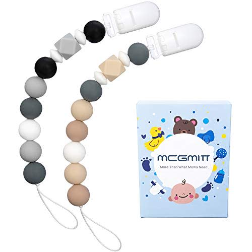 MCGMITT Pacifier Clip Silicone, Baby Binky Holder Teether Beads Teething Relief BPA Free for Girls Boys, 2 Pack Shower Gift Set (Grey+Beige)