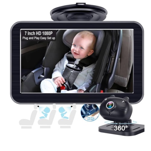 DoHonest Baby Car Camera 7-Inch: USB Plug and Play Easy Setup 360 Degree Rotating Backseat Camera Two Kids HD 1080P Rear Facing Car Seat Cameras Clear Night Vision -V9