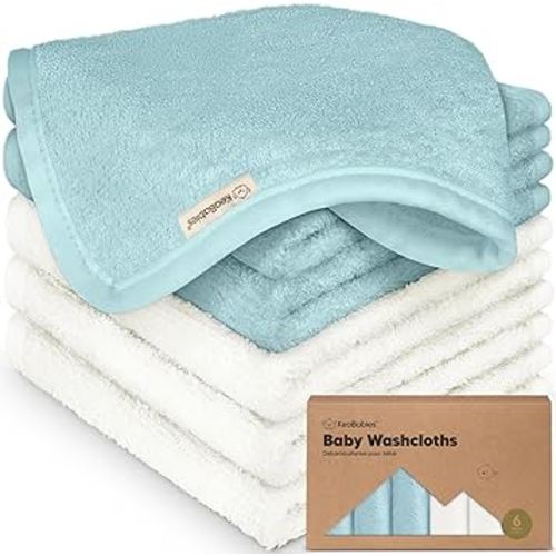 6-Pack Baby Washcloths - Soft Absorbent Viscose from Bamboo Wash Cloths for Babies, Kids, Toddlers, Infant, Newborn Bath Towels, Gentle on Sensitive Skin, 10x10 Reusable Face Towels (White/Sky)