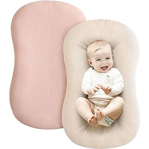 Konssy Muslin Baby Lounger Cover 2 Pack, 100% Cotton Newborn Lounger Cover, Soft and Breathable Lounger Slipcover for Boys Girls, Covers Only (Pink,Wheat)