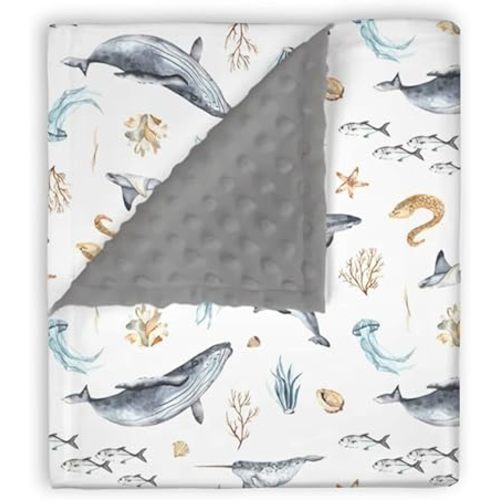 Mink Baby Boy Blanket Under the Water Sea Animals, Ocean Creature Whale Fish Soft Double Layer Dotted Backing Receiving Swaddle, Newborn Infant Toddler Nursery Crib Bedding Shower Gift 30 x 40