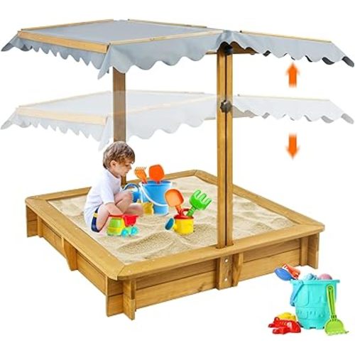 Sandbox with Cover, Sand Box with 4 Reinforced Benches, UV-Resistant & Adjustable Height Roof, Bottom Liner, Wooden Sand Boxes with Lid for Kids Outdoor, Gift for Ages 2-8, 45x45 Inches