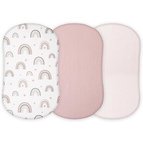 Muslin Bassinet Sheets Compatible with Halo Bassinest Swivel, Flex, Glide, Premiere and Luxe Series Sleeper, Pack 3, 33 X 17 Inch, Ultra Soft and Snug Fit, Unisex Boys Girls, Pink Rainbow - for All Halo Bassinets